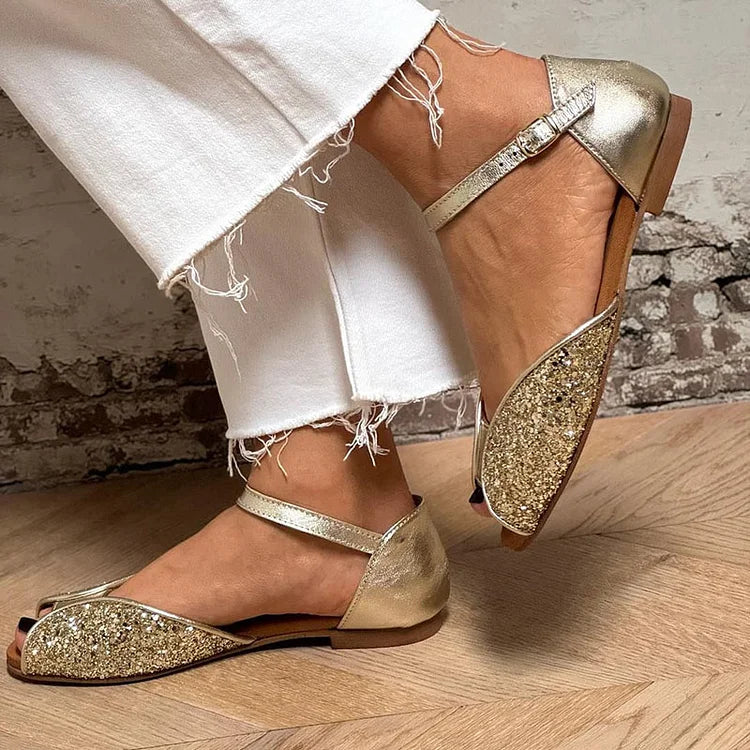 Barbara | Golden Sparkle Flat Sandals