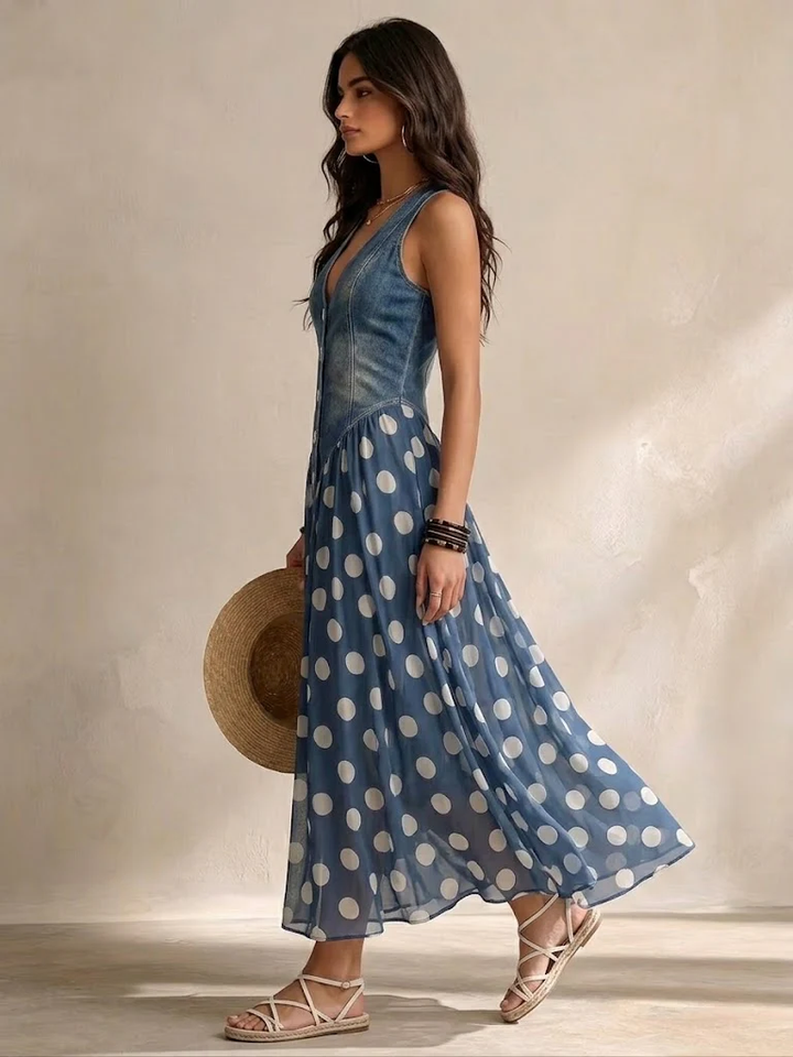 Brenda | Denim Top Polka Dot Chiffon Dress