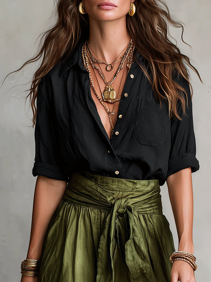 Vera | Two-Piece Set: Black T-Shirt and Olive Green Midi Skirt