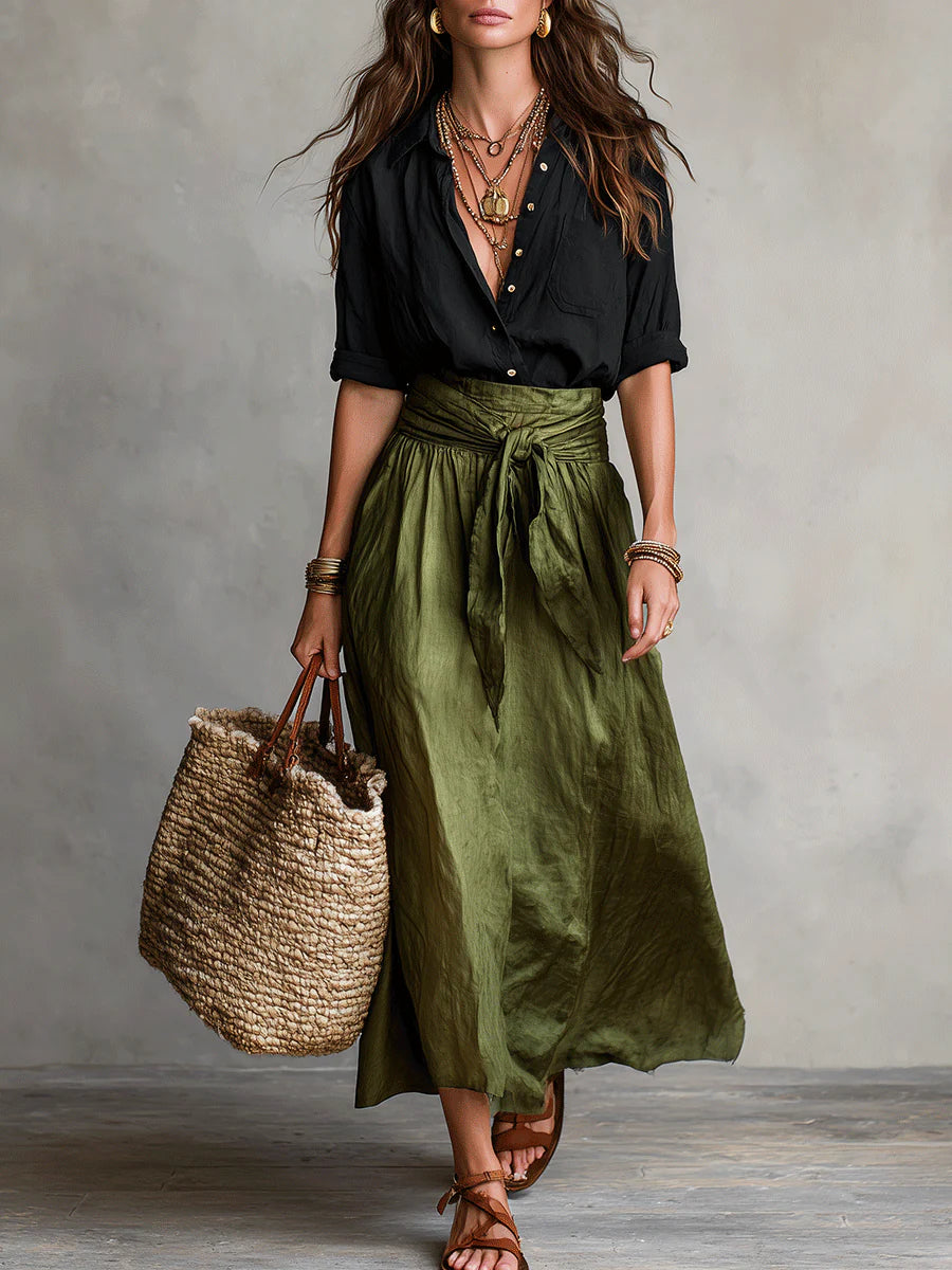 Vera | Two-Piece Set: Black T-Shirt and Olive Green Midi Skirt