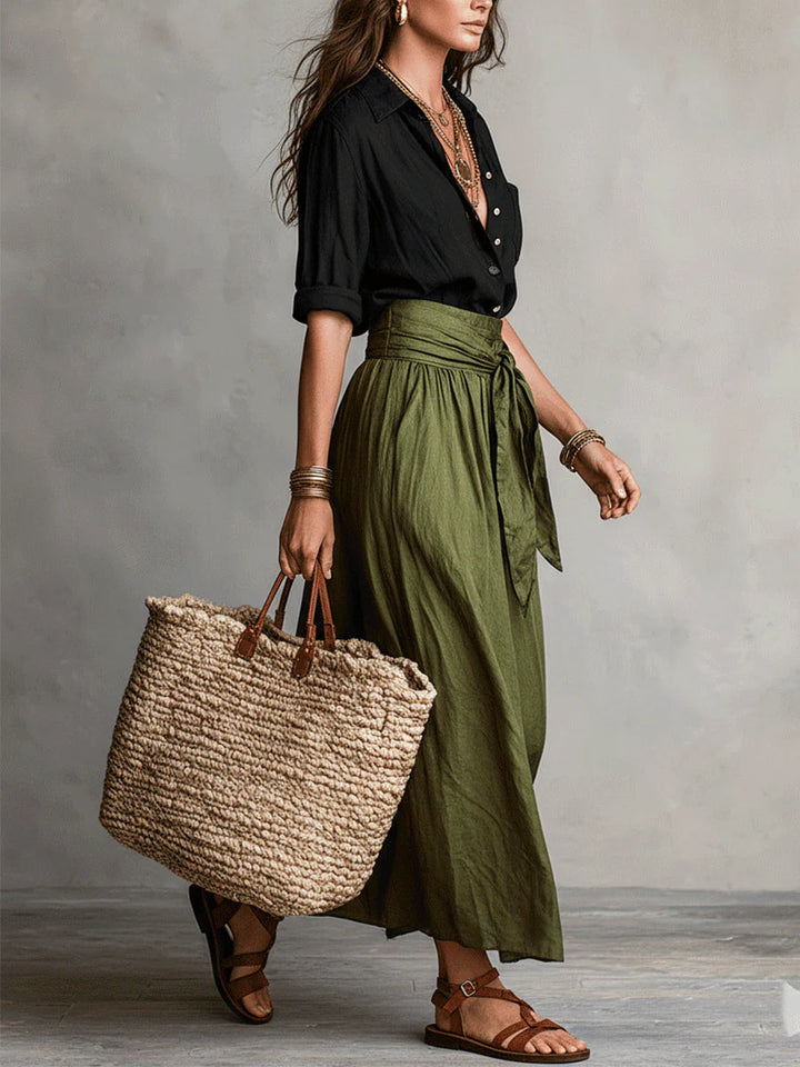 Vera | Two-Piece Set: Black T-Shirt and Olive Green Midi Skirt