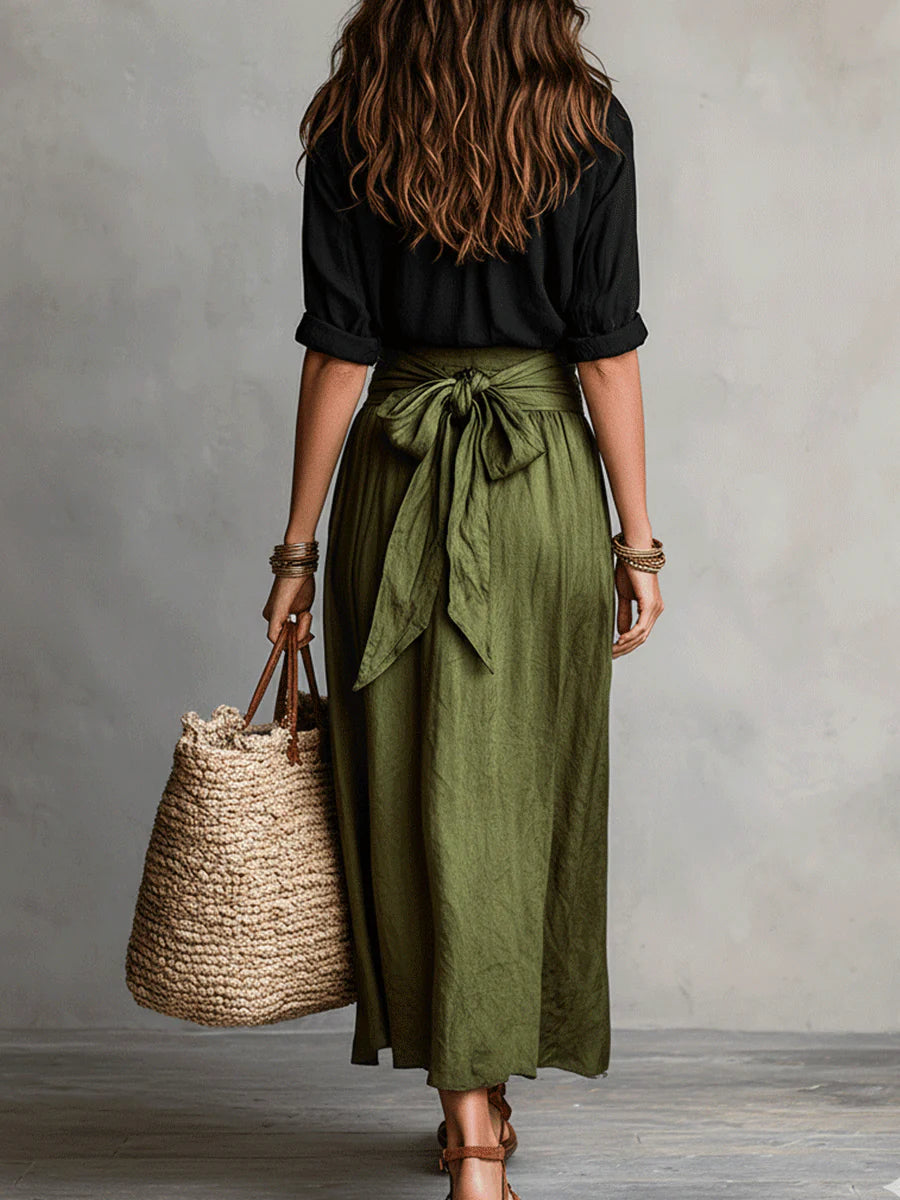 Vera | Two-Piece Set: Black T-Shirt and Olive Green Midi Skirt
