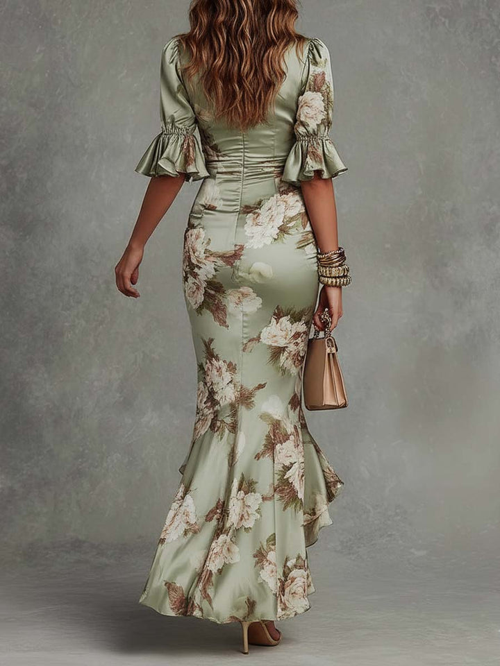 Savannah | Long Floral Print Satin Dress