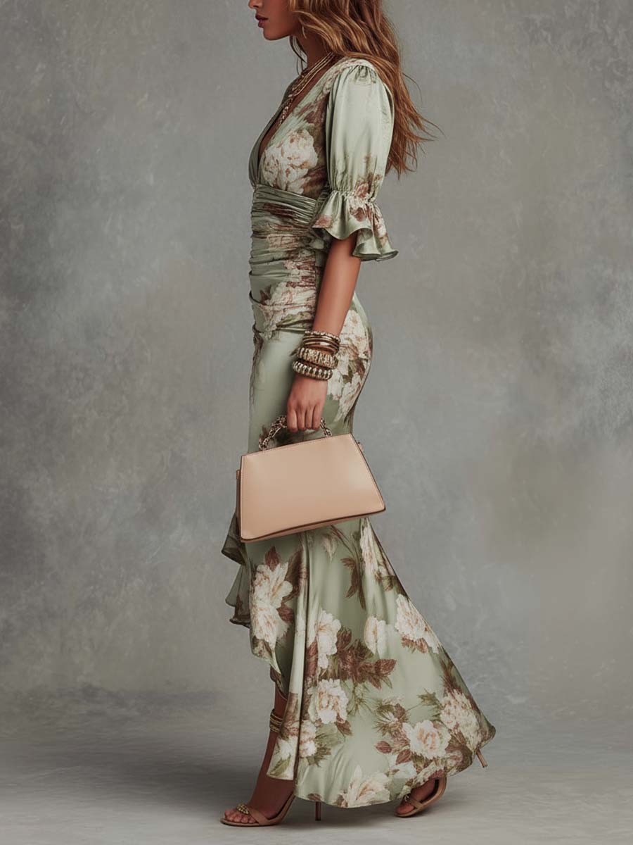 Savannah | Long Floral Print Satin Dress