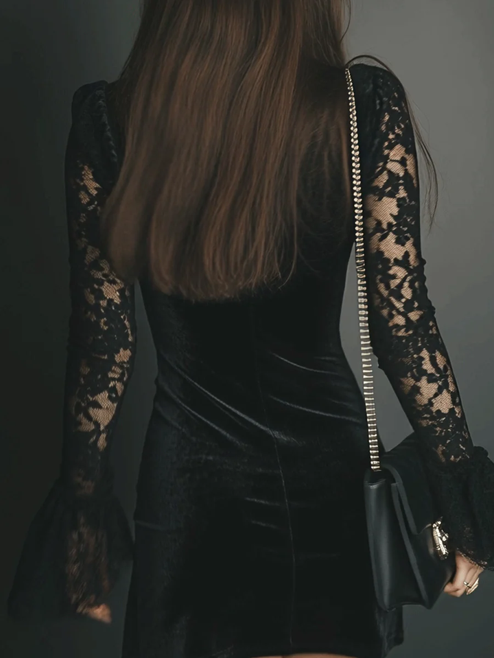 Luna | Velvet Mini Dress with Lace Detail