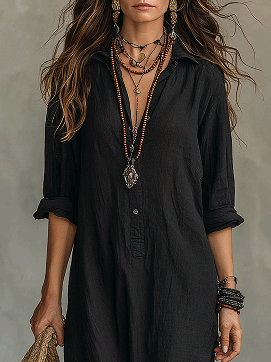 Bohemian | Black button-front shirt maxi dress